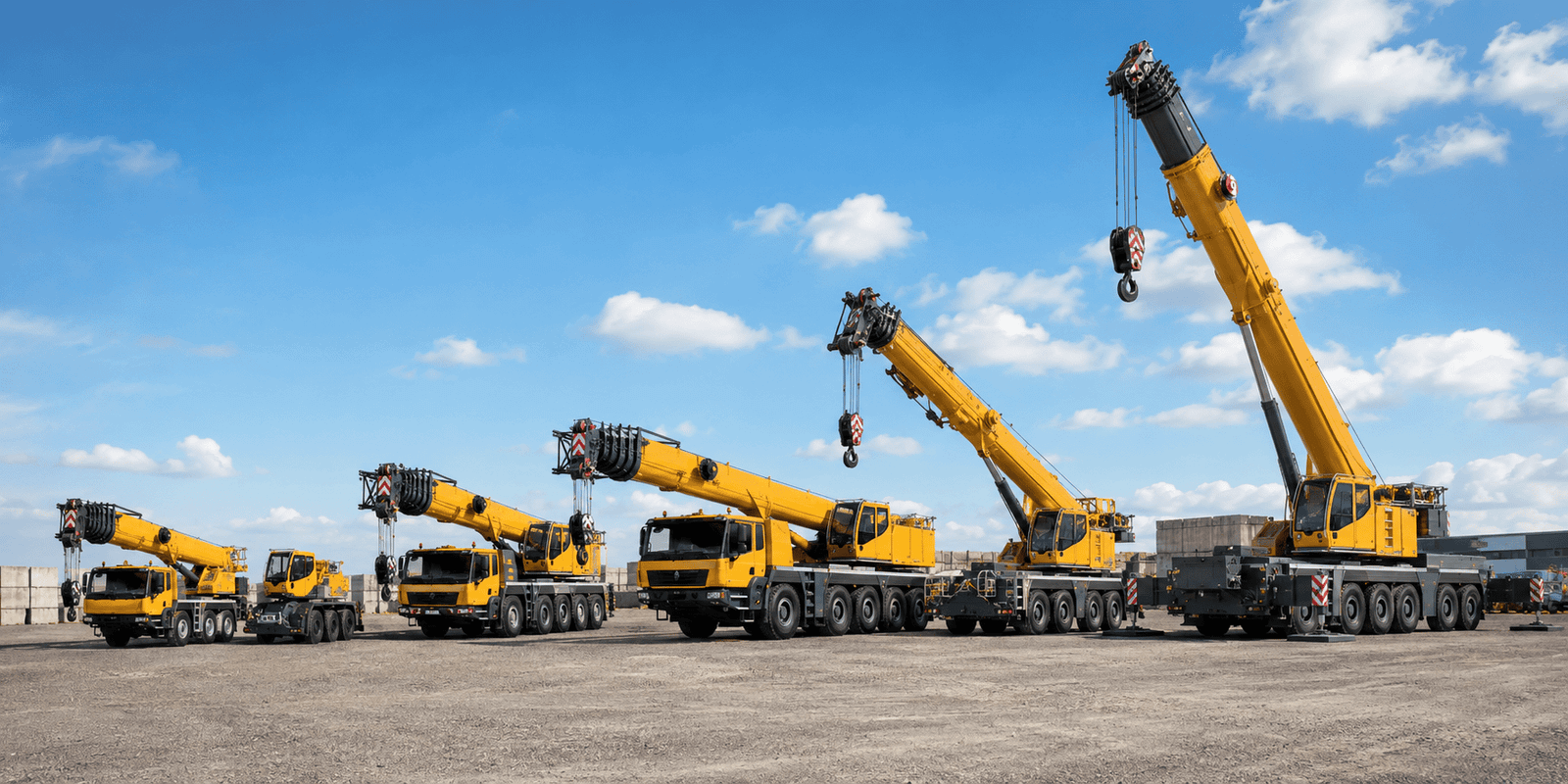 Industrial crane lineup under clear skies