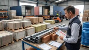 Independent inspector performing AQL sampling and quality checks on construction materials before shipment from China.