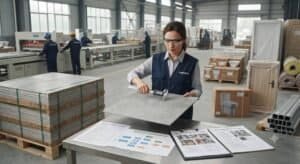 Quality inspector checking construction materials in a Chinese factory before shipment to ensure compliance with project specifications.Source Building Materials from China