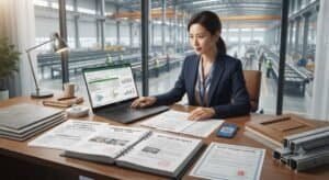 Sourcing agent comparing factory quotations and supplier verification documents for construction material procurement in China.