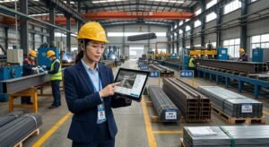 Factory audit and supplier verification process inside a Chinese construction materials manufacturing facility with quality control and production inspection.