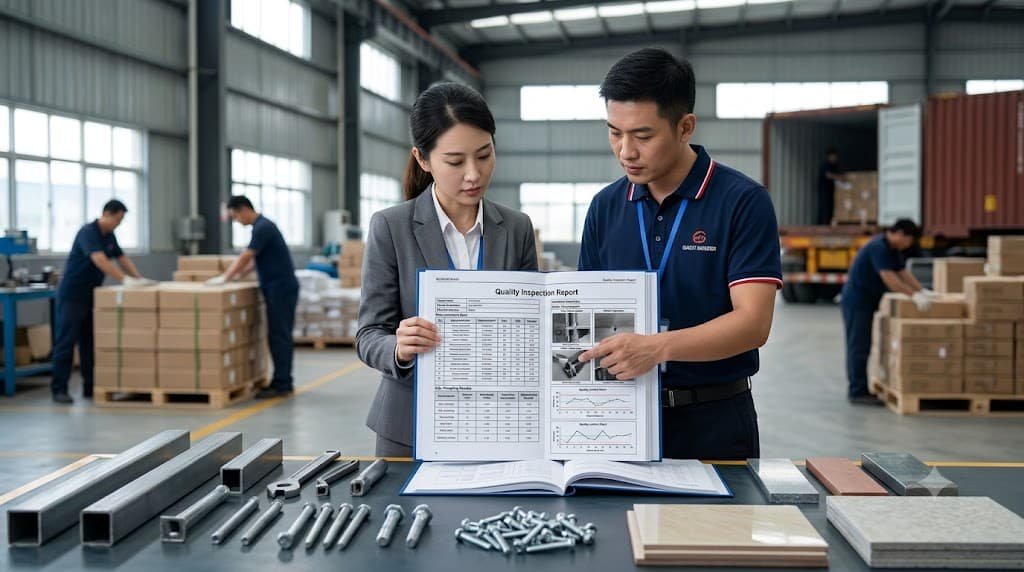 Procurement manager reviewing a China quality inspection report with AQL results, measurements and defect findings before shipment approval.