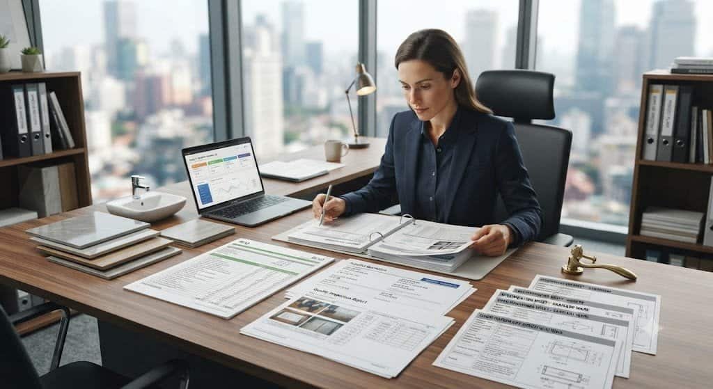 Construction materials sourcing professional reviewing supplier verification and quality inspection documents from China.Sourcing Materials from China