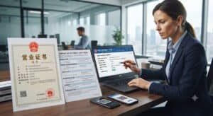 Chinese business license verification checklist showing company registration details and supplier validation process.Chinese business license