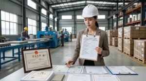 Sourcing specialist verifying supplier documents, certifications, samples and factory capacity before making payment to a Chinese manufacturer.