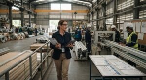 Independent auditor inspecting production capacity, equipment and quality management systems at a construction materials factory.