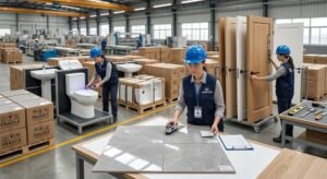 Independent quality inspector checking tile quality, sanitary ware performance and door specifications during a pre-shipment inspection.