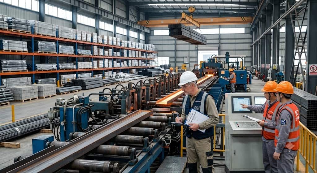 Factory auditor assessing production capacity, quality systems and manufacturing operations at a construction materials factory in China.