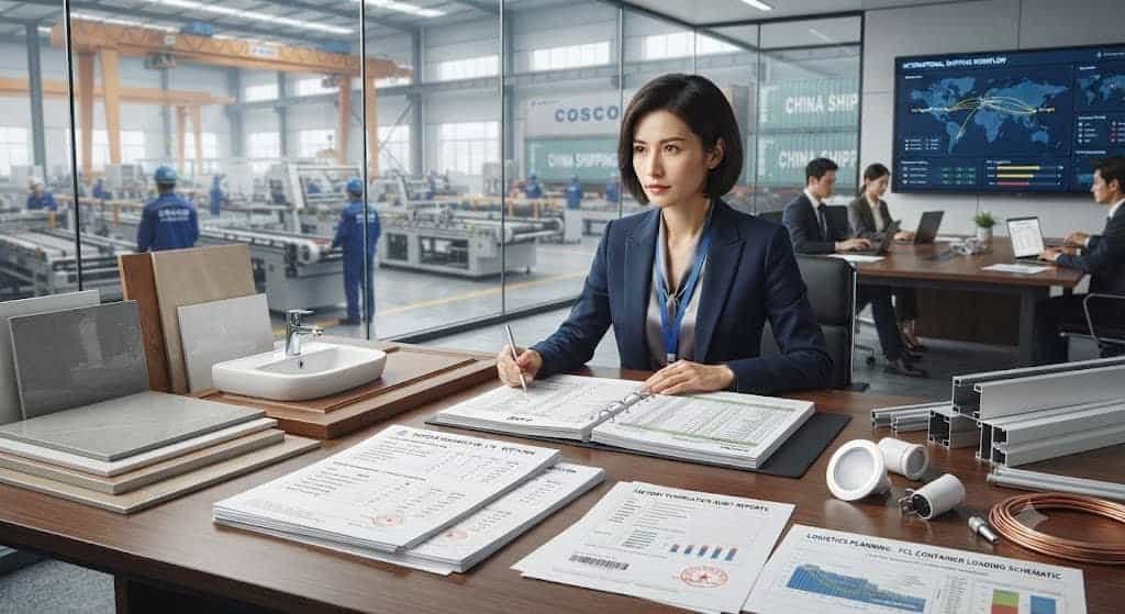 Professional sourcing process for importing building materials from China including supplier verification, quotations, quality inspection, and shipping coordination.