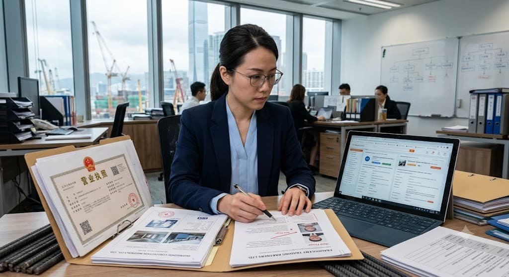 Procurement manager reviewing supplier documents and identifying warning signs of scam suppliers on Alibaba.