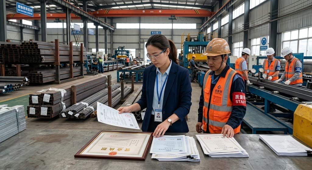 Procurement manager verifying a Chinese construction material manufacturer by reviewing business licenses, certifications, and factory operations.