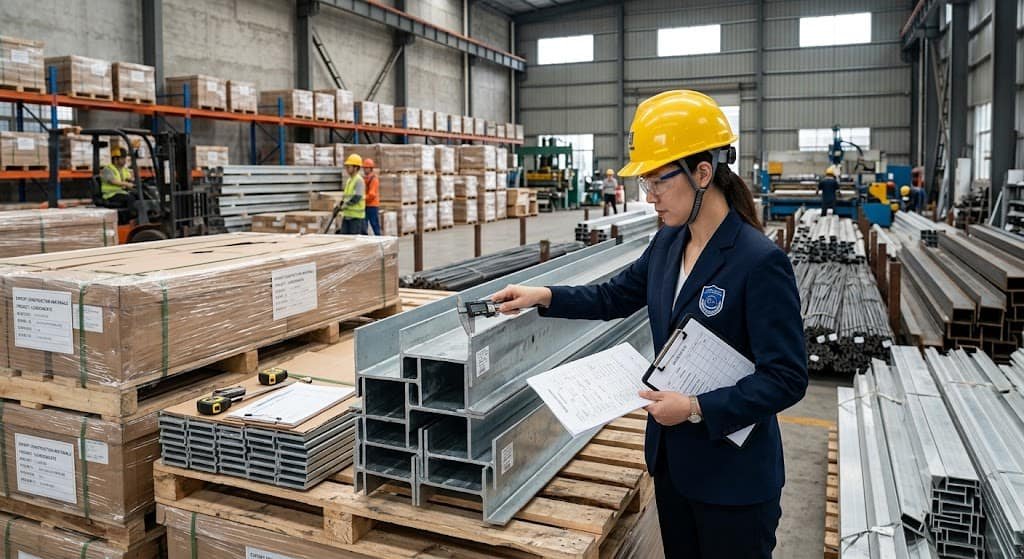 Quality inspector performing a pre-shipment inspection on construction materials before export from a Chinese factory.