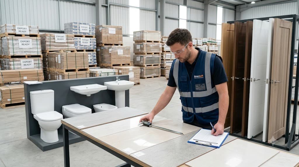 Quality inspector checking tiles, sanitary ware and doors using a construction materials quality control checklist before shipment.