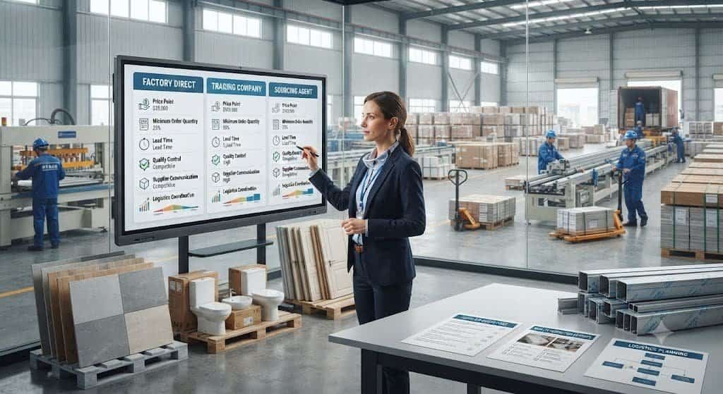 Comparison of sourcing agent, trading company, and direct factory purchasing options for importing construction materials from China.