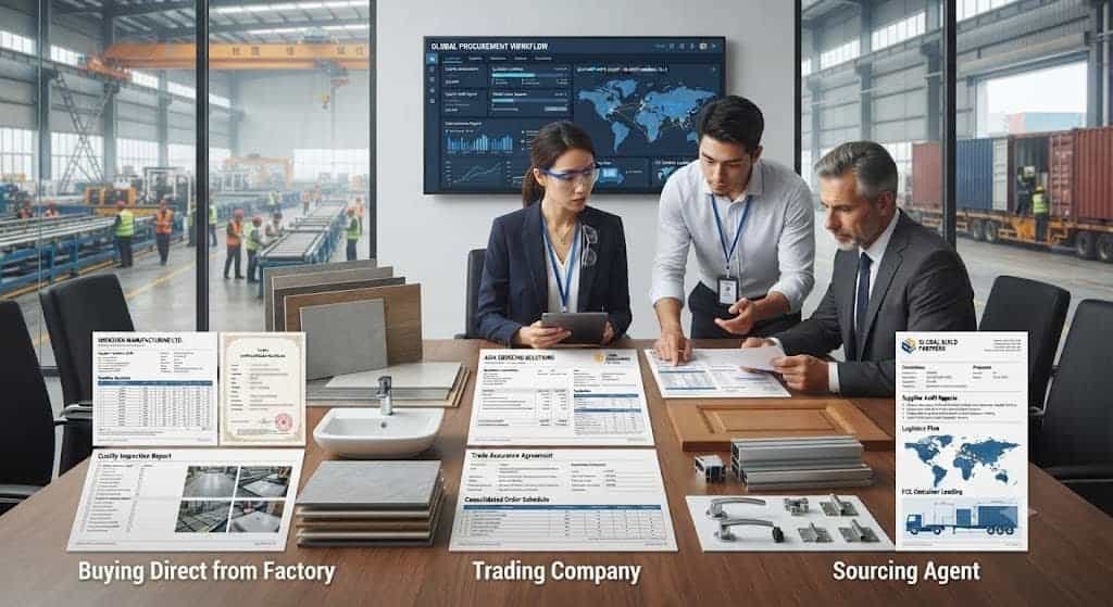 Comparison of sourcing agent, trading company, and direct factory purchasing options for importing construction materials from China.Alibaba vs China Sourcing Company
