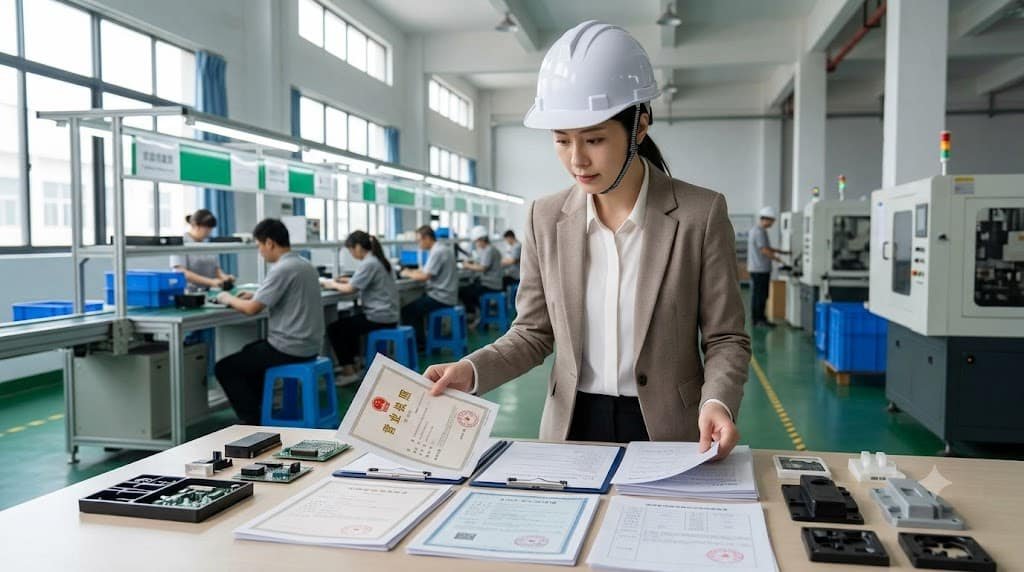 Procurement manager reviewing a supplier verification checklist before paying a Chinese construction materials supplier.