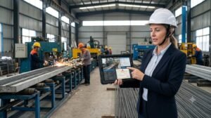 Procurement specialist verifying whether a supplier is a real factory or a trading company through factory inspection and document review.