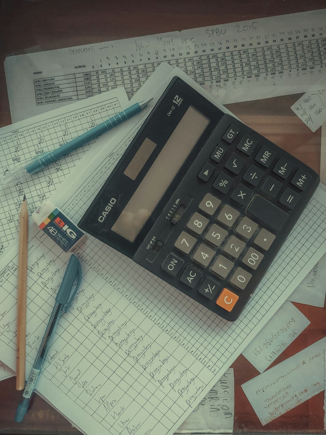 Calculator and cost analysis paperwork used to compare supplier quotations